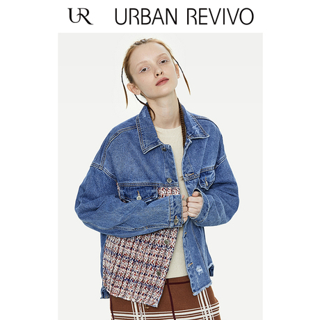 UR2018秋冬新品青春女装简约翻领千鸟格拼接牛仔外套YL42SBJN2000商品大图