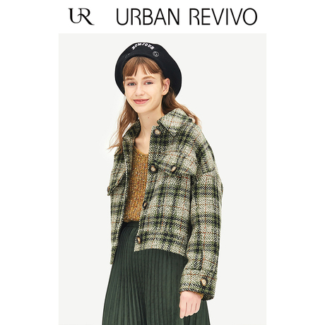 UR2018秋冬新品青春女装时尚撞色格纹翻领中长外套YL44S1BE2003商品大图