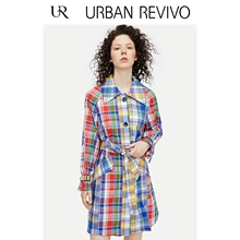 UR2018秋季新品女装都市格纹拼接翻领长袖中长外套WG31R1LN2000图片