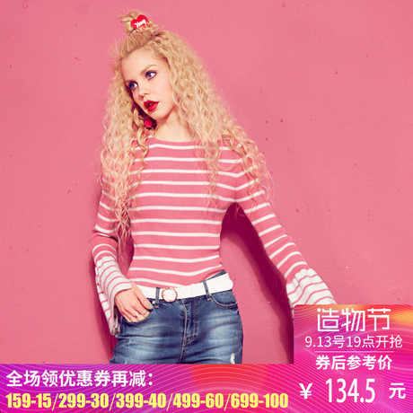 妖精的口袋旗舰店秋季新款U型领条纹修身阔口袖毛织打底T恤女长袖商品大图
