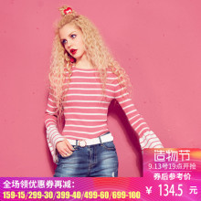 妖精的口袋旗舰店秋季新款U型领条纹修身阔口袖毛织打底T恤女长袖图片