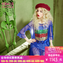 妖精的口袋Y八卦时间2018秋季新款圆领金属涂层印花网眼连衣裙女图片