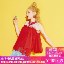 妖精的口袋旗舰店夏季新款韩版无袖宽松蕾丝拼接衬衫女大码衬衣图片