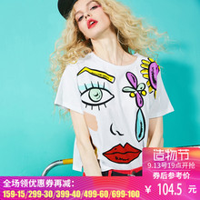 妖精的口袋旗舰店夏季韩版圆领宽松抽象人脸图案短款T恤女短袖图片