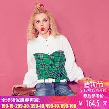 妖精的口袋旗舰店秋季新款合体拼接格纹下摆系带复古衬衫女长袖图片