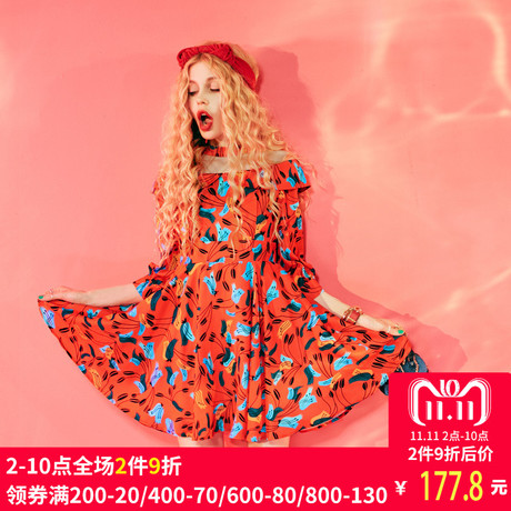 妖精的口袋旗舰店夏季新款韩版复古网纱拼接趣味印花连衣裙女宽松商品大图