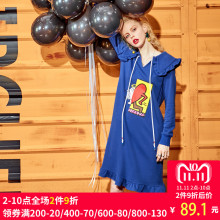 妖精的口袋旗舰店秋季新款韩版V型荷叶边娃娃领印花图案连衣裙图片