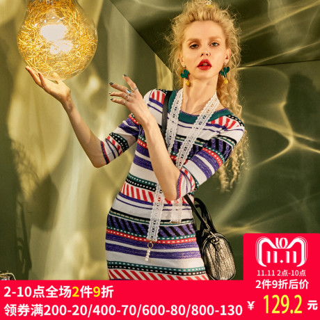 妖精的口袋旗舰店秋季新款韩版复古圆领针织衫宽松大码条纹连衣裙商品大图