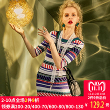 妖精的口袋旗舰店秋季新款韩版复古圆领针织衫宽松大码条纹连衣裙图片