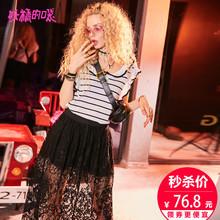 妖精的口袋旗舰店2018夏新款修身上衣木耳边无袖chic条纹针织衫女图片