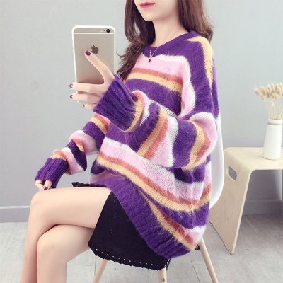 马海毛毛衣女薄款彩色薄款套头韩版宽松彩虹条纹针织衫2018年新款