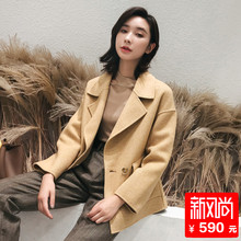 2018秋冬新款阿尔巴卡双面呢大衣女装短款修身羊绒毛呢外套落肩袖图片