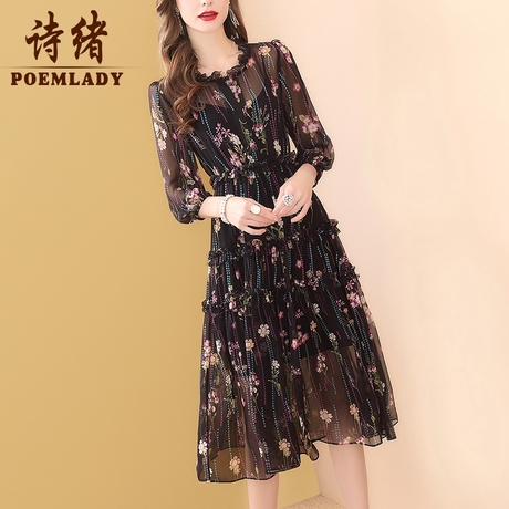 诗绪春装黑色印花桑蚕丝真丝连衣裙女中长款2019新款流行裙子8630商品大图