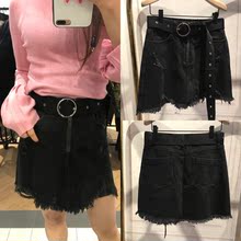 高腰A字裙磨破毛边腰带显瘦牛仔半身短裙405 18春季新款 MOCO GHF