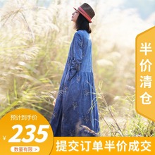 气质长款 2018秋季新款 棉麻原创女装 绣花连衣裙复古高腰显瘦袍子