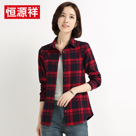 恒源祥秋冬季格子衬衫女纯棉百搭衬衣全棉开衫外套宽松大码学院风商品大图