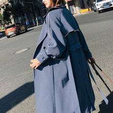2019春季新款女装chic风衣中长款休闲宽松女士秋天长款过膝外套蓝