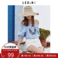 乐町2018夏季新款女装中袖露肩休闲雪纺衫一字领绣花上衣超仙甜美图片