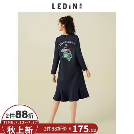 乐町2018夏装新款女撞色鱼尾连衣裙A字裙中长款宽松直筒裙复古潮商品大图