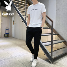 套装 体恤长裤 男修身 花花公子2019夏季轻薄透气运动休闲短袖 两件套