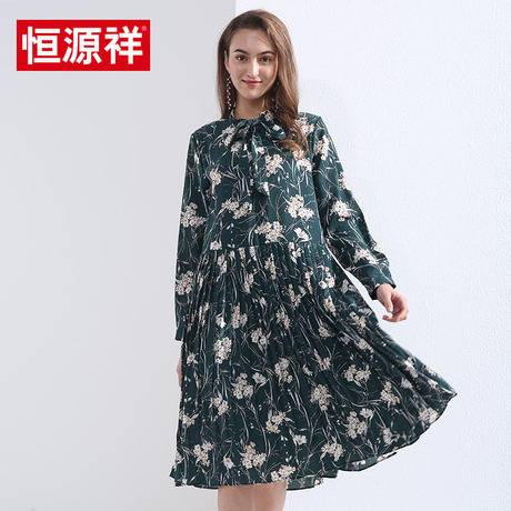 恒源祥2018新款春装长袖中长裙休闲百搭宽松女装裙花色优雅连衣裙商品大图