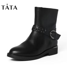 他她冬黑色牛皮铆钉皮带扣通勤方跟女中靴2YW67DZ6 Tata