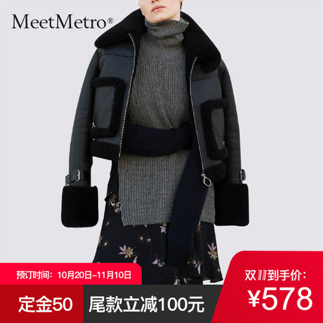 MeetMetro皮草外套女装冬季2018新款大毛领短款时尚皮毛一体大衣商品大图