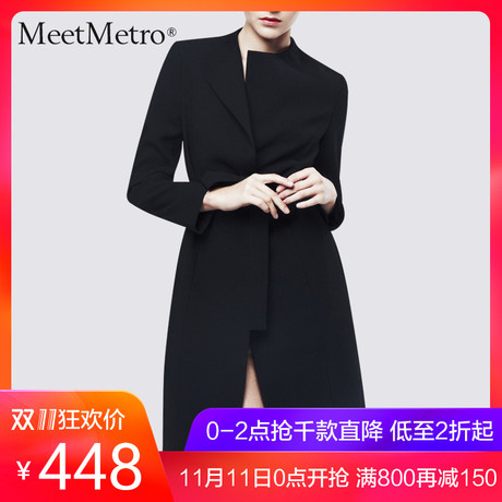 MeetMetro风衣秋冬女装2018新款中长款气质修身显瘦黑色外套大衣商品大图