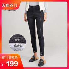 娅丽达黑色加绒牛仔裤女2018新款冬季加厚保暖韩版显瘦紧身小脚裤图片