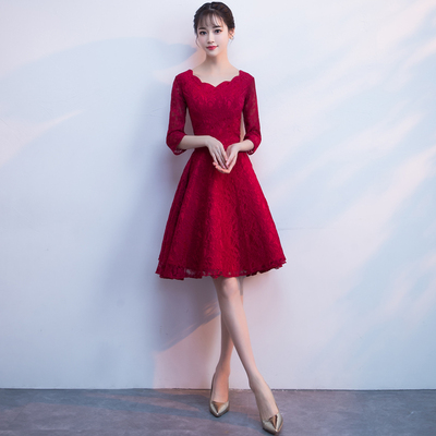 2018新款敬酒服新娘结婚礼服女中袖一字肩秋冬季晚礼服短款连衣裙