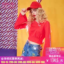 妖精的口袋秋装新款圆领收褶字母刺绣纯棉长袖T恤女图片