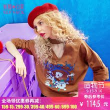 妖精的口袋春秋装新款喇叭袖上衣镂空印花长袖T恤女图片