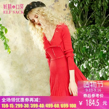 妖精的口袋旗舰店秋装新款V领收腰百褶裙长袖针织连衣裙女717103商品大图