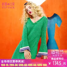 妖精的口袋秋装新款喇叭袖修身V领针织连衣裙女长袖图片