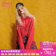 妖精的口袋旗舰店秋装新款宽松休闲套头毛织拼接连帽卫衣女734083图片