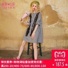 妖精的口袋秋装新款宽松A字裙灯笼袖花边格子连衣裙女长袖737088图片