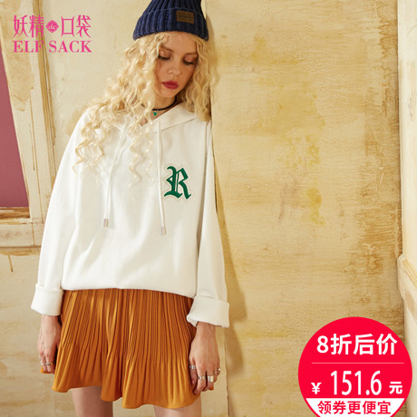 妖精的口袋旗舰店秋装新款宽松运动风中长款套头连帽卫衣女734110商品大图