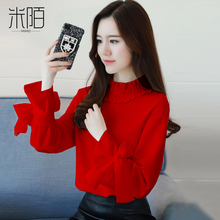 早秋天2018新款春秋装女装雪纺衬衫韩版长袖上衣服秋季蕾丝打底衫图片