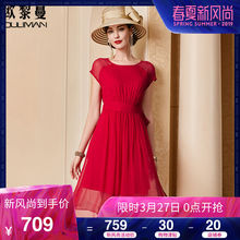 欧黎蔓2018新款腰带收腰红色真丝连衣裙女夏拼接中长款桑蚕丝短袖图片