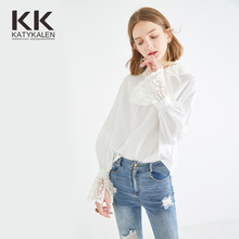 kk2018女装新款春装韩版蕾丝拼接喇叭袖白衬衣ins超火的衬衫女夏图片