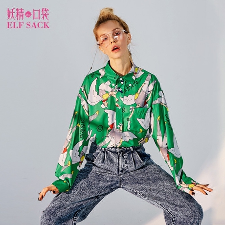 妖精的口袋旗舰店2018秋装新款衬衣设计感满印长袖衬衫女A8101012商品大图