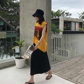 字母印花不规则T恤背心 背心连衣裙 内搭中长款 夏复古宽松无袖 韩版