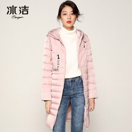 冰洁2018秋冬新款中长款连帽羽绒服女个性时尚羽绒外套J80141018商品大图