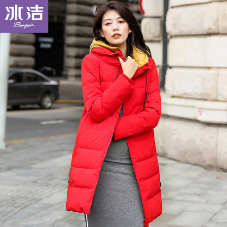 冰洁2018秋冬新款中长款羽绒服女时尚连帽修身显瘦外套J80141026商品大图