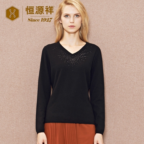 恒源祥2018秋冬女士时尚修身V领中年妈妈装纯羊绒针织衫保暖毛衣商品大图
