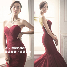 修身 拖尾鱼尾婚纱礼服抹胸绑带韩式收腰鱼尾包臀简约酒红 2019新款