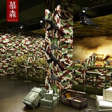 修背景墙服装 店墙纸军迷 迷彩壁纸军旅军事主题餐厅海军蓝饭店装