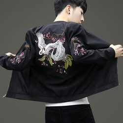 春秋唐装外套男青年中国风刺绣韩版修身夹克男装棒球服潮仙鹤古风