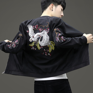 春秋唐装外套男青年中国风刺绣韩版修身夹克男装棒球服潮仙鹤古风