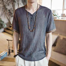 唐装男短袖夏季薄款青年仿亚麻中国风复古盘扣半截袖T恤中式男装